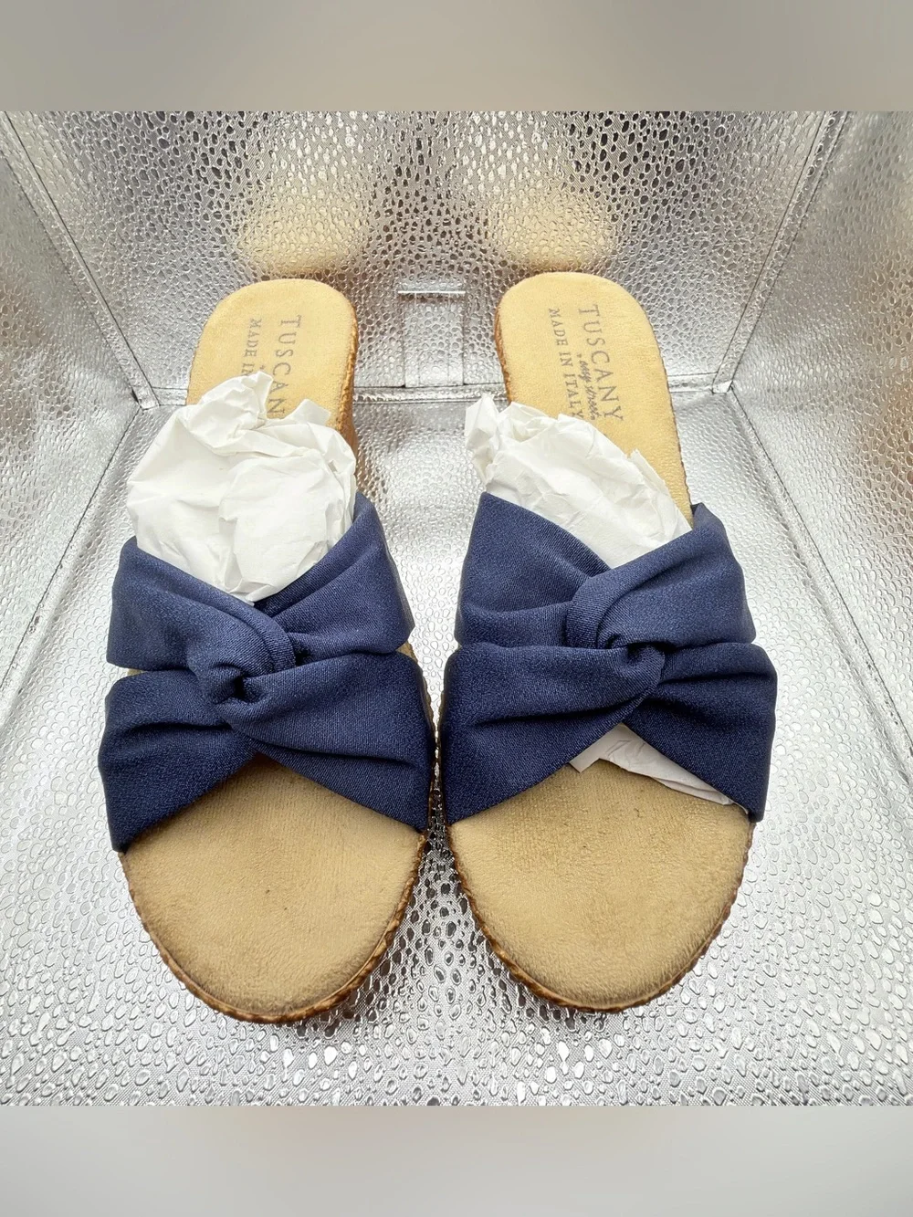 easy street Navy Knotted Espadrille Wedge Slide
